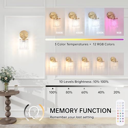 Image of Shenmoyl Crystal Battery Operated Wall Sconce, Rechargeable Battery Powered Wall Lamp with Remote Control, Modern Dimmable Wireless Wall Lights Fixture for Bedroom Bathroom(Transparent, Gold Base)