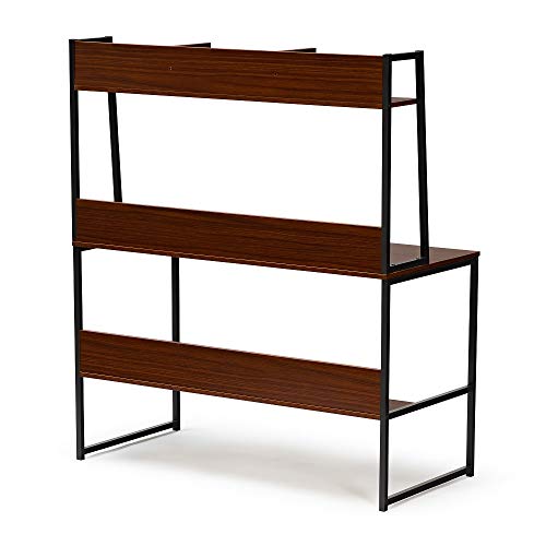 Rhomtree Computer Desk with Hutch and Bookshelf Home Office Desk PC Laptop Workstation Study Writing Table with Metal Frame (Brown)