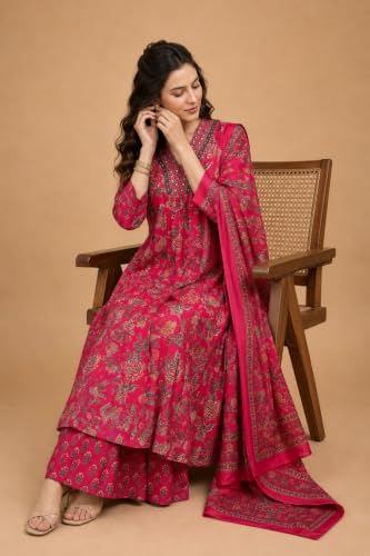 Image of Women's Rayon Printed Anarkali Kurta and Pant with Dupatta Set