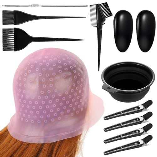 12 Pcs Gorro Mechas con Agujeros Hechos, Gorro Mechas Silicona Profesional y Ganchos, Gorros para Mecha, Incluye Pinzas para el Cabello, Paleta, Máscaras para Orejas, etc.
