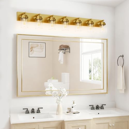 Image of IZORRO Bathroom Vanity Light Fixture, 7-Light 52 inch Gold Bathroom Light Fixtures Over Mirror, with Clear Glass Shade, Modern Farmhouse Vanity Lights, Rustic Restroom Lighting Fixtures