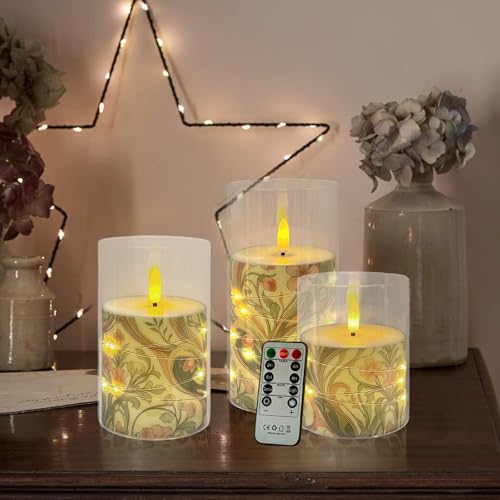 Image of Flickering Flameless Candles Pink Floral, Embedded Star String Lights, Battery Operated Acrylic LED Pillar Candles with 11-Key Remote and Timer for Home Decoration, 3 Pack