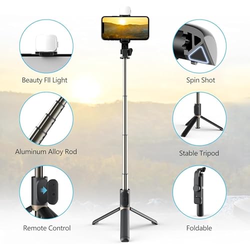 Image of i17 Selfie Stick with Tripod Stand,Extendable Bluetooth Selfie Stick for Mobile Phone,LED Light,Compatible with iPhone & 360 Degree Rotation,Selfie Stick Tripod Stand 4 in 1 Photography,selfi