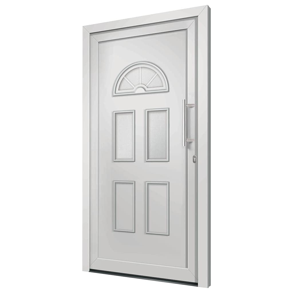 Drzwi wejściowe białe 98 x 198 cm z ramą drzwi PCW, 5-punktowa blokada grzybowa, próg aluminiowy, oszklenie izolacyjne, uchwyt ze stali nierdzewnej, taśma uszczelniająca, zestaw montażowy do
