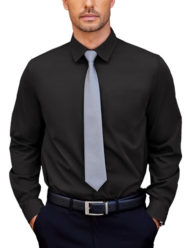 COOFANDY Hombre Camisas de Vestir Lisas de Manga Larga Camiseta Casuales Elásticas Camisas Elegantes con Botones Camiseta de Verano con Bolsillo Negro M