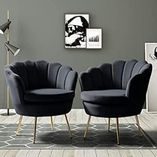 Modern Velvet Accent Chairs with Shell Back Design, Set of 2, Upholstery, Gold Metal Legs (Black)-picture-17