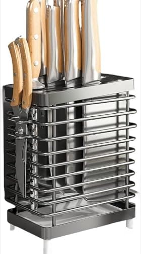 Fiozwea 包丁スタンド はさみ フルーツナイフ ステンレス制 包丁立てと箸置き 研ぎ棒 多機能収納ラック 耐久 水切りトレー デザイン 通気性 包丁が出し入れしやすい キッチン収納用品 包丁ホルダー (Small,ブラック)