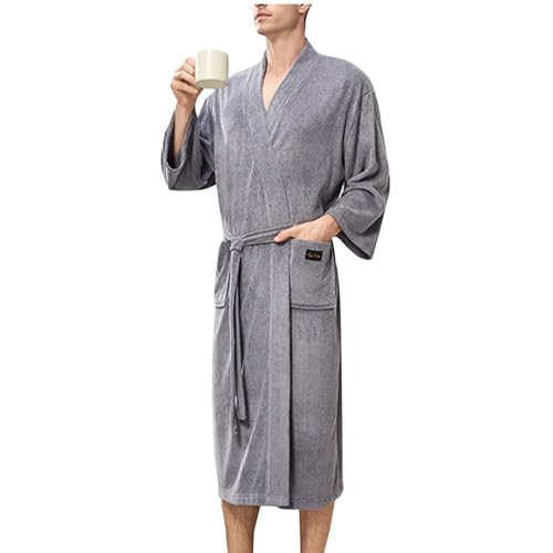 Men's Fleece Bathrobes Soft Lounge House Robes with Belt, Full Length Bath Robe Plain Housecoat with Pockets
