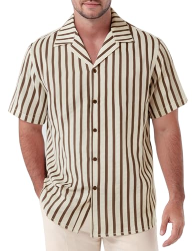 Men's Classic Striped Seersucker Cuban Collar Shirt Short Sleeve Button Down Texture Shirts for Beach Vacation