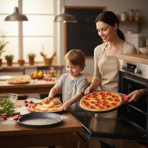 Image of NutriChef Pizza Tray, Nonstick Baking Pan with Perforated Holes,3 Piece, Round Carbon Steel Premium Bakeware Pizza Screen with Silicone Grip Handles, Dishwasher Safe - Small, Medium, Large Sizes, Grey