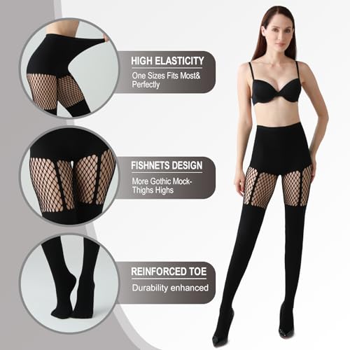 2 Pairs Faux Thigh High Tights Mock Suspender Pantyhose for Women Fishnet Tights Over the Knee Goth Stockings2