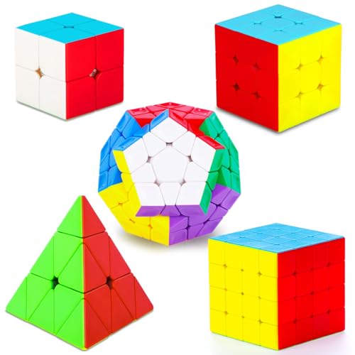 Coolzon Speed Cube Ensemble Pyraminx + Megaminx + 2x2x2 + 3x3x3 + 4x4x4 Magic Puzzle Cube Set 5 Pack Cubo Magico pour Enfants Adultes sans Autocollant Ultra Rapide