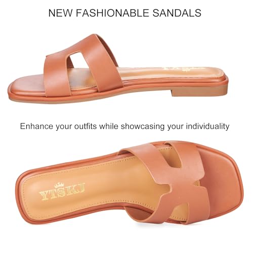 Image of Sandals for Women 2025 Dressy Slides Flat Open Toe Comfortable Soft Leather Slip On Ladies Casual Wide Width Cute Trendy Shoes Summer Beach Brown Size 8