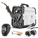 STAHLWERK Schweißgerät Mini FLUX 120 ST Digital – Vollausstattung – Fülldrahtschweißen (FLUX) ohne Schutzgas bis 120 A, synergischer Drahtvorschub, LED-Licht, Lift-TIG- & MMA-Funktion (E-Hand/ARC)
