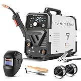 STAHLWERK Schweißgerät Mini FLUX 120 ST Digital – Vollausstattung – Fülldrahtschweißen (FLUX) ohne Schutzgas bis 120 A, synergischer Drahtvorschub, LED-Licht, Lift-TIG- & MMA-Funktion (E-Hand/ARC)