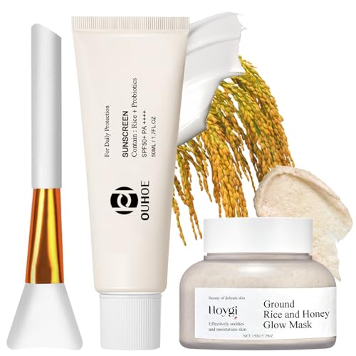 Rice Probiotics Sunscreen Spf 50+ PA++++ avec Rice Beauty Mask,Rice Sonnencreme,Feuchtigkeitsspendende Sonnencreme,Leichte Textur,Nicht Fettend,Starker UV-Schutz,für Alle Hauttypen,Korean Skincare