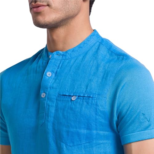 Image of Parx Men's Pure Linen Solid Pattern Regular Fit Henley Neck Half Sleeve Casual T-Shirt