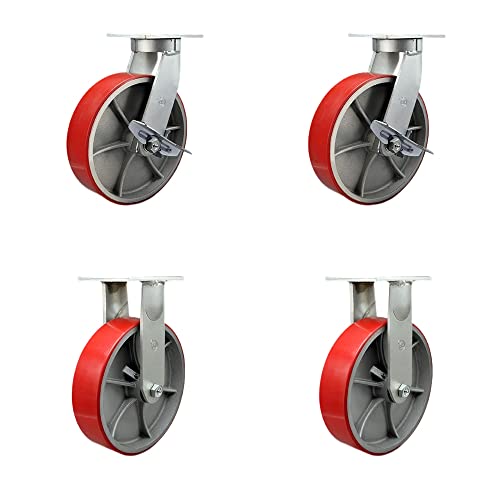 10 Inch Swivel Top Plate Caster Set Extra Heavy Duty Casters with Red Poly on Cast Iron Wheels - Includes 2 Swivel with Brakes and Bolt on Swivel Locks and 2 Rigid - Set of 4 - Service Caster Brand