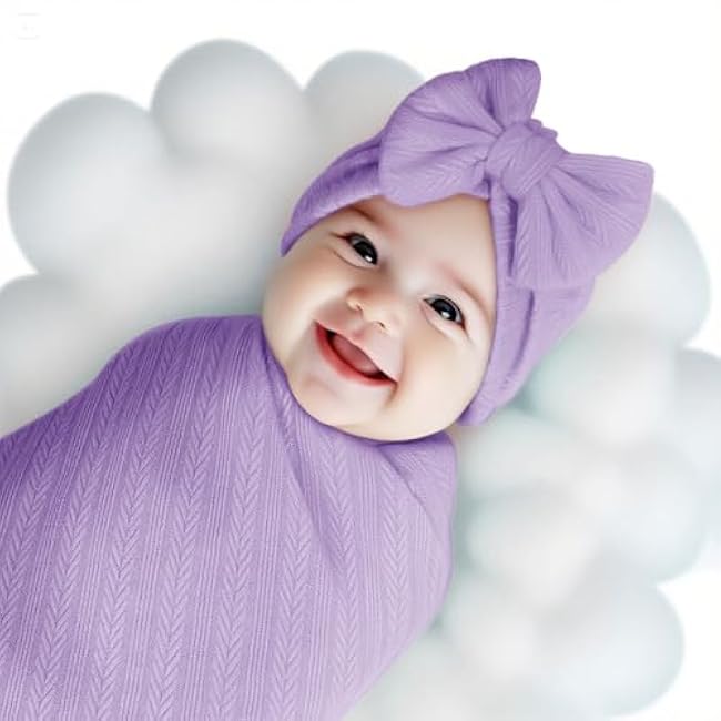 Golener Muslin Swaddle Blankets,Sleepea Swaddle with Bow Headbands, Hats Set and Newborn Name Announcement Card, Stretchy Baby Blankets for Girls and Boys Unisex, Perfect for Newborn Photos (Purple)