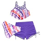 Girls Bathing Suit 3 Pieces Swimsuit Size 9 10 Purple Tie Dye Bikini Set Adjustable Modest Tankini Swimsuit with Shorts
