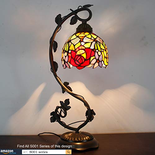 Werfactory Tiffany Table Lamp Red Rose Style Stained Glass Reading Desk Light With Metal Leaf Base 6X10X21 Inches Decor Small Space Bedroom Home Office S001 Series #TOP4