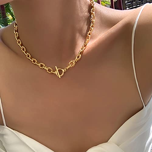 Chunky Gold Choker Necklace for Women, 18K Gold Plated Twisted Oval Link Chain Choker Toggle Clasp Necklace for Women Jewelry Gift2