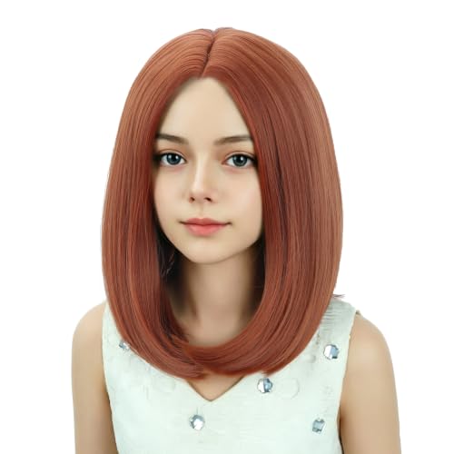 Image of Kids Copper Red Wig Girls Copper Red Bob Wig Child Short Bob Wig Middle Part Wig for Kids Synthetic Wigs with Wig Cap