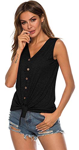 Women's V Neck Tank Tops Tie Front Button Up Sleeveless Shirts Casual Loose Blouses Black #TOP4