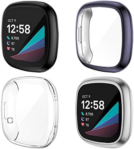 NANW 4-Pack Screen Protector Case Compatible with Fitbit Sense/Versa 3, TPU Rugged Bumper Case Cover All-Around Protective Plated Bumper Shell Accessories for Sense Smartwatch