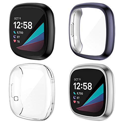 Nanw 4-Pack Screen Protector Case Compatible With Fitbit Sense/Versa 3, Tpu Rugged Bumper Case Cover All-Around Protective Plated Bumper Shell Accessories For Sense Smartwatch #TOP1
