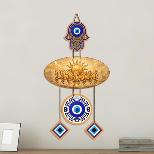 Image of Artvibes Golden Seven Running Horses Evil Eye Wall Hanging for Home Decoration | Vastu Feng Shui Wealth Attraction Decor with Nazar Suraksha Protection for Living Room | Office | Gift Item (WH 85132N)