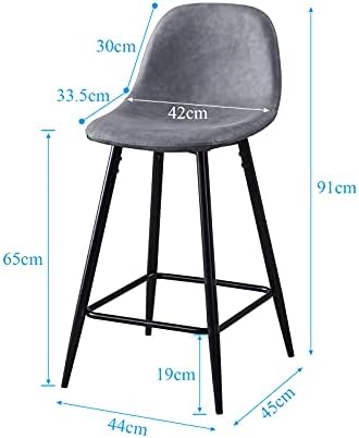 LEMORE Counter Bar Stools Set of 2 Grey Faux Leather Kitchen Barstools with Backrest and Footrest for Breakfast Home Furniture (Seat Height 65cm, Grey)