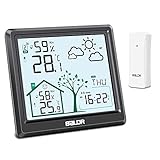 Wetterstation Funk mit Außensensor, Funk-Wetterstation mit 1 Funksensoren für Innen/Außen, Multifunktionale Uhrzeit, Wecker, Thermometer, Hygrometer, 12~24H Wettervorhersage, LCD-Display (Schwarz)