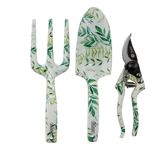 Draper Garden Tools Set-3 Piece | Hand Trowel, Fork & 205mm Bypass Secateurs | Floral Pattern Gardening Hand Tools | Heavy Duty Garden Acessories | Carbon Steel Blades | 08994