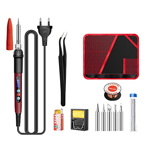 Lötkolben Set, 60W Elektrischer Lötkolbe mit Einstellbarer Temperatur 180-500℃, LCD Bildschirm, 5 austauschbaren Spitzen, Lötkolbenständer, Lötzinn, Pinzette, für Elektrotechnik Reparaturen Cover