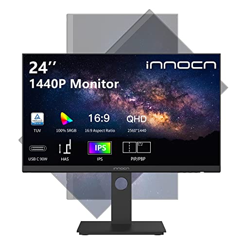 Image of INNOCN 24 inch Ultrawide Monitor 2560 x 1440p 75Hz QHD IPS Display 16:9 Computer Monitor 100% sRGB HDMI DP Computer Gaming Monitor USB Type-C HDMI Tilt /Height Adjustable Monitor, Wall Mountable, Black