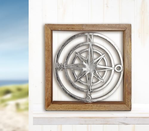 GILDE Deko Maritim Bild Kompass Windrose – Bild Wanddeko Metall Aluminium – maritime Wand Deko Silber Metall – Wandbild Dekobild zum Aufhängen Holzrahmen 20 x 20cm