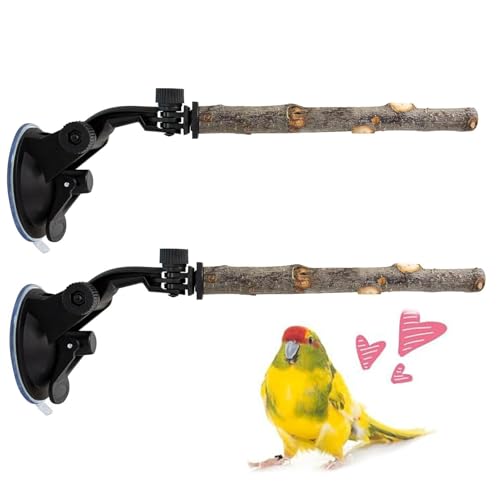 吸盤式鳥止まり木,2個の調整可能なトレーニングおもちゃマウント - 可動式 オウム 木製 スタンド | 窓 屋外 バルコニー パティオ ポーチ 木 シャワー 壁 鏡 用