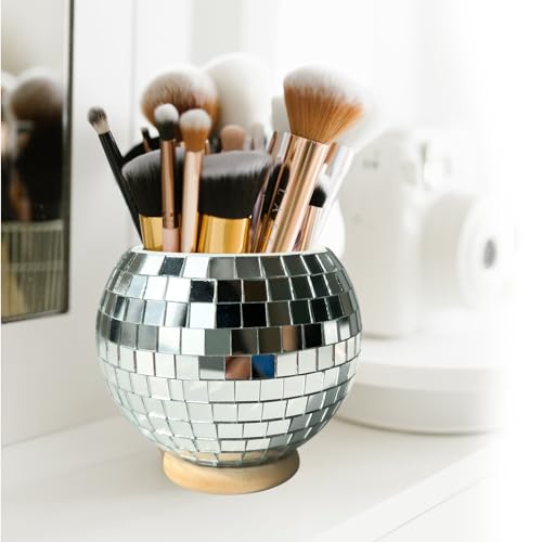 FlidRunest Disco Makeup Brush Organizer Mirror Ball Cosmetic Brush Cup, Reflects Light Unique Storage Holder for Counter, Dresser, Bedroom
