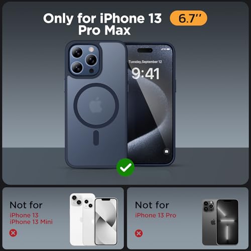 Image of Miracase Magnetic for iPhone 13 Pro Max Case 6.7 inch (Compatible with MagSafe)(with 2X Screen Protectors) Military-Grade Protection, Anti-Fingerprint Translucent Matte Phone Case Cover, Dark Blue