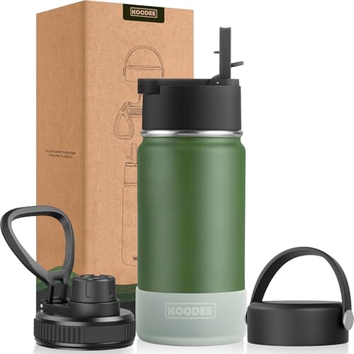 Image of koodee 12 oz Water Bottle for kids Stainless Steel Vacuum Insulated Wide Mouth Travel Water Bottle with Straw, Reusable Metal Sports Water Flask(Grass Green)
