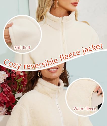 Women's Fleece Sherpa Jacket Full Zip Winter Warm Long Sleeve Reversible Coat Lightweight Soft With Pockets2