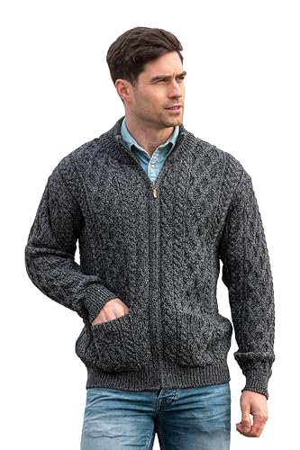 Aran Crafts Mens Zip Cardigan 100% Merino Wool, Made in Ireland