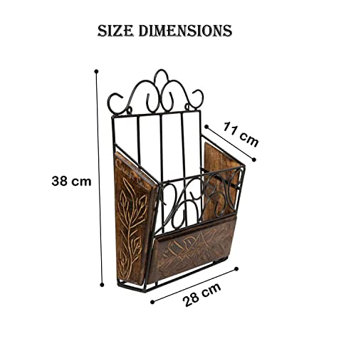 Image of Wood & Wrought Iron Modern Elegance Magazine Newspaper & Book Wall Rack for Home & Office, Black & Natural Finish, 38x28x11 cm