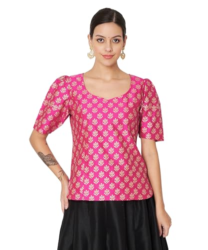 Image of studio rasa Women's Silk Blend Hand Block Printed Top for Wedding Festive Party