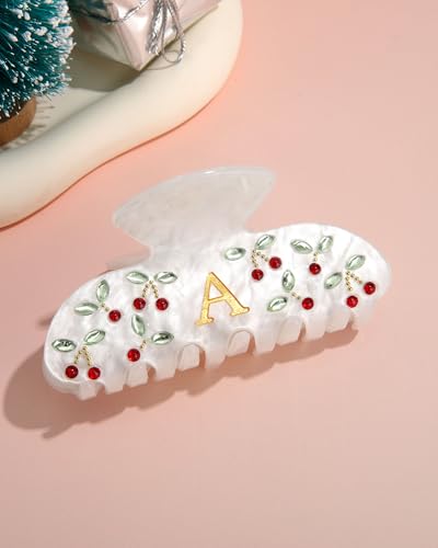 Image of CHLINS Initial Cherry Hair Clips for Women Girls - Cute Glitter Monogram Claw Clips with Rhinestone Cherry Print Hair Accessories, Ideal Birthday Bridesmaid Gifts for Teens Girls, Letter A