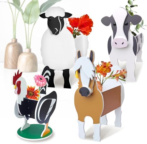 Pet Flower Pots 4 Pcs Farm Animals Series Rooster/Horse/Cow/Sheep Cute Animal Shape Flower Planters, Plant Pots for Indoor/Outdoor Garden Decor, Unique Gifts/Souvenirs for Pet Lovers