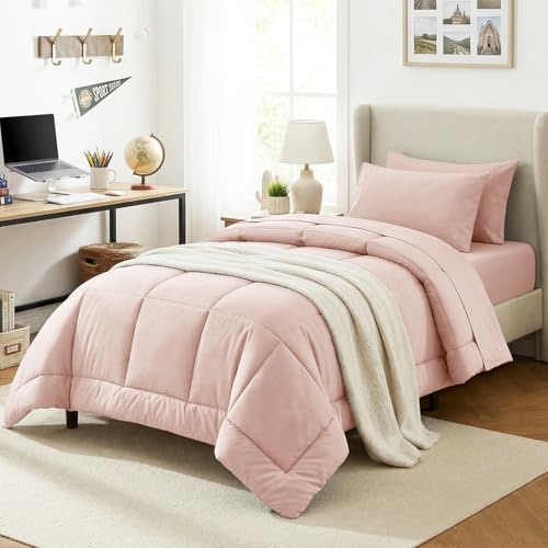 CozyLux Twin Comforter Set with Sheets Blush Pink, 5 Pieces Bed in a Bag, Pink Comforter Twin Size, All Season Bedding Set with Stitch Quilted Comforter, Flat Sheet, Fitted Sheet, Pillowcases