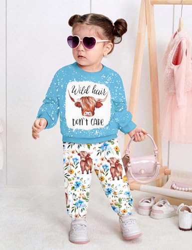 Image of Toddler Girl Clothes Fall Winter Outfits Wild Hair Don't Care Highland Cow Sweatshirt Pants Western Cowgirl Outfit