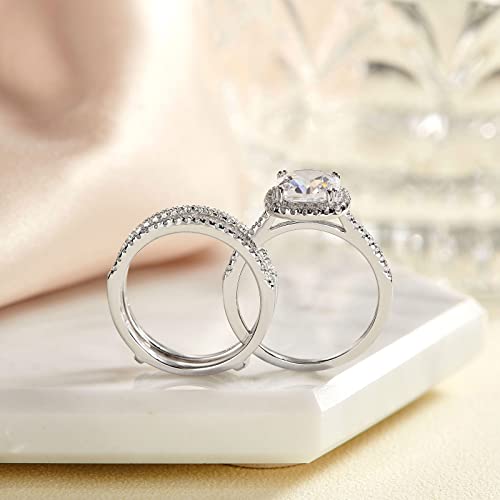2.66CT Wedding Engagement Rings Set for Women 925 Sterling Silver Cushion Halo CZ Wedding Bands Promise Bridal Ring Enhancer for her Size 4-124